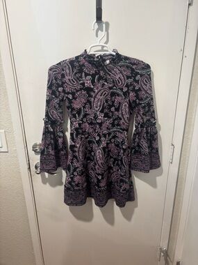Xhilaration Black and Lavender Paisley Bell-Sleeve Dress